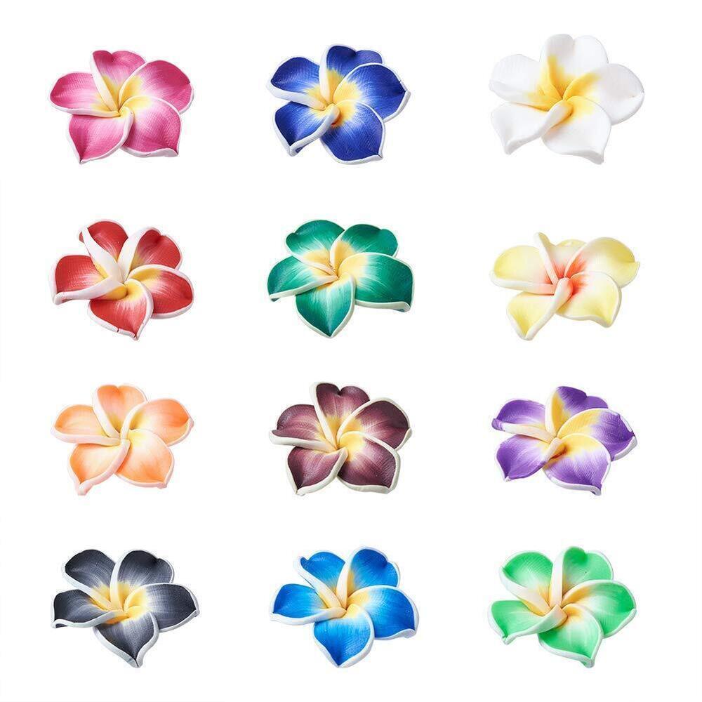 4110 200Pcs Polymer Clay Plumeria Flower Beads Side Drilled Blossom Floral